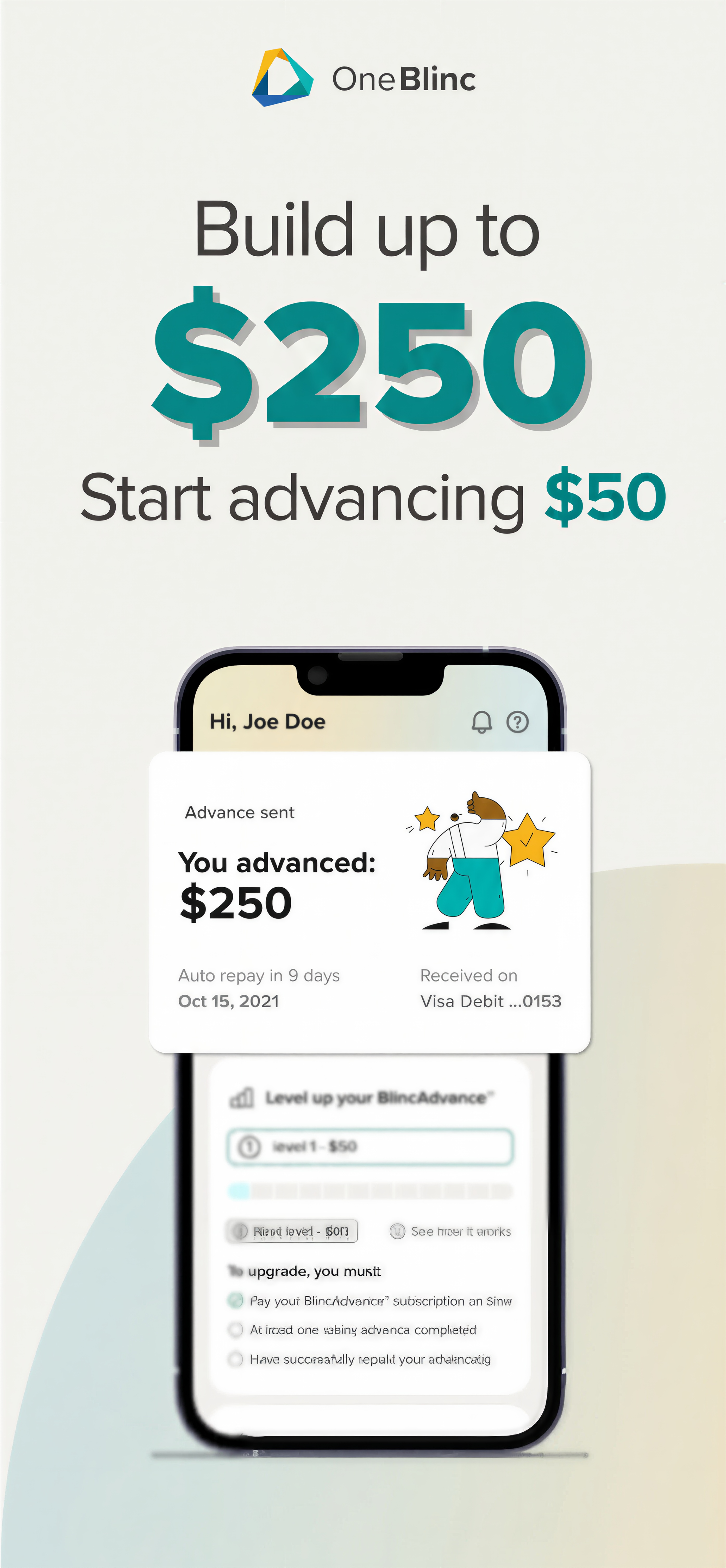BlincAdvance app showing advance and rewards