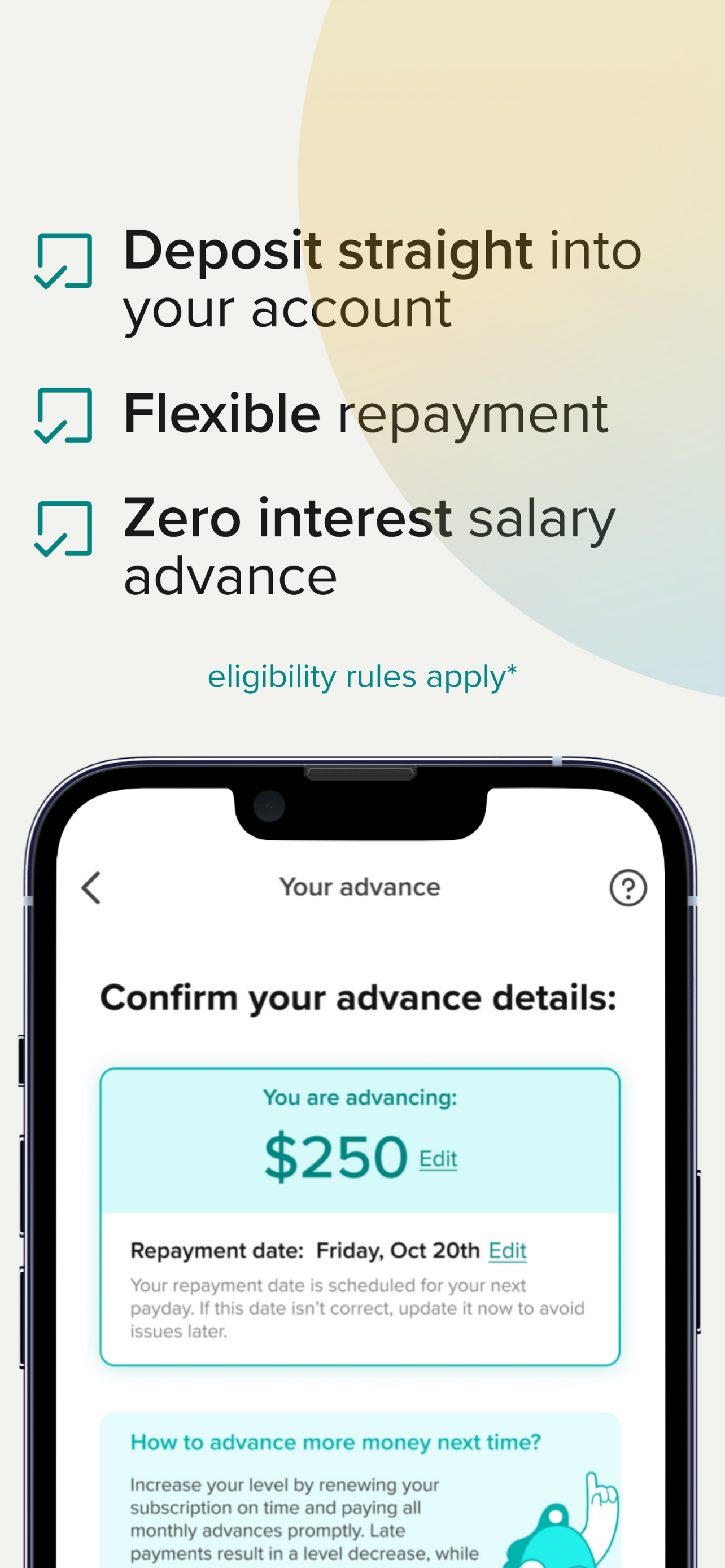 BlincAdvance app confirm advance screen